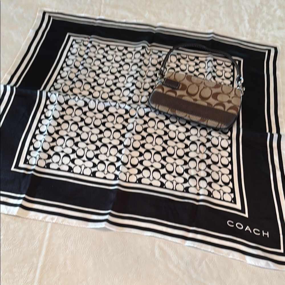 Coach bundle: Monogram silk scarf + Wristlet Clutch Monogram Logo Leather trim.